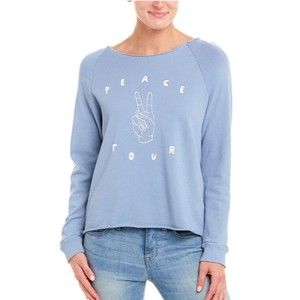 Michelle by Comune Trimont Graphic Sweatshirt Size L Blue Ribbed Cuffs Raw Hem